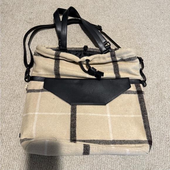 BEIS Handbags - BEIS Beige Plaid Tote with Black Trim